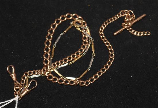 A 9ct yellow and white gold dress watch chain and a 9ct gold curblink watch chain, gross 35.4 grams.